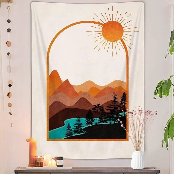 Indie Boho Mountain River Pop Art Retro Modern Tapestry Wall Dorm Bedroom Decor - Picture 2 of 2